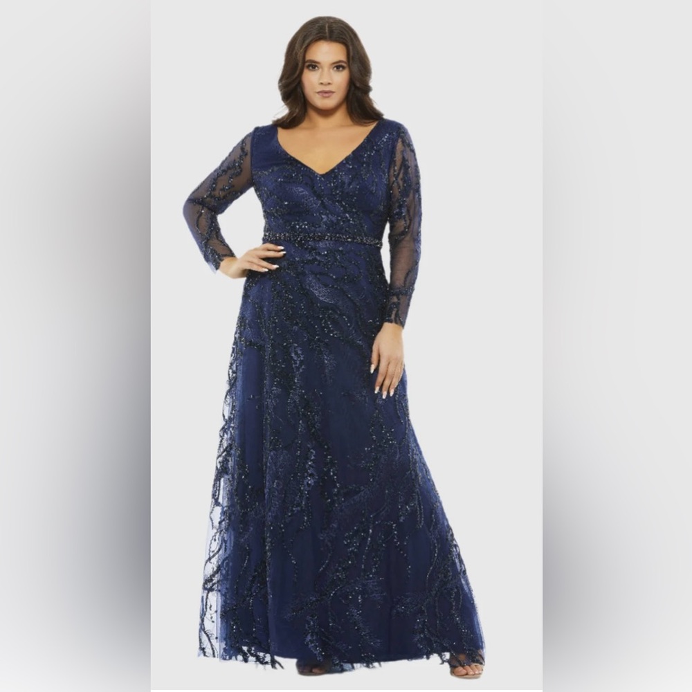 Embellished Illusion Long Sleeve V-Neck A-Line Gown (Plus) Size 12